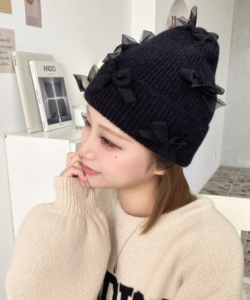 セール】チュールリボン or ベロアリボン付きアソートリブニット帽
