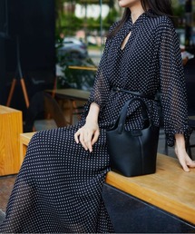 5分袖水玉ロングワンピース