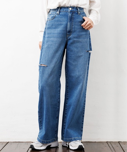 mili an deni(ミリアンデニ)の「ダメージストレートパンツ(デニムパンツ・レディース・ブラック/サックスブルー/ブルー・M)」の3枚目の写真