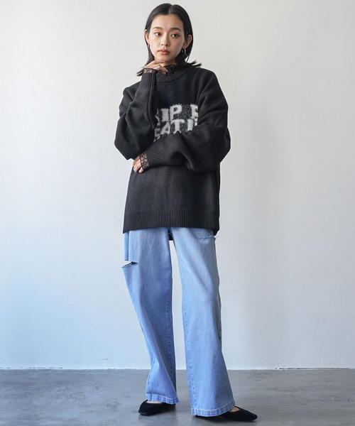mili an deni(ミリアンデニ)の「ダメージストレートパンツ(デニムパンツ・レディース・ブラック/サックスブルー/ブルー・M)」の6枚目の写真