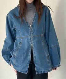 加工デニムフロントジップペプラムジャケット