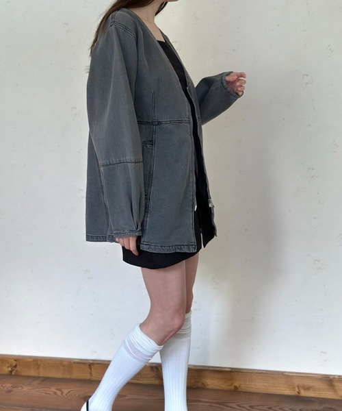 加工デニムフロントジップペプラムジャケット