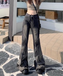 i-dare】フリル デザイン フレア ワイドパンツ（デニムパンツ