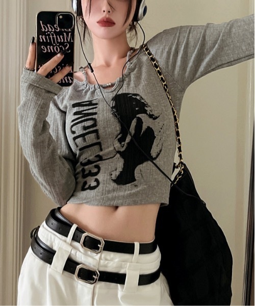 lilful（リルフル）の「【新色ホワイト追加！】2WAY ビーズネックデザインリブプリントロンT（Tシャツ/カットソー・レディース・ブラック/グレー/ホワイト・M/L）」の6枚目の写真