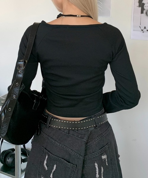 lilful（リルフル）の「【新色ホワイト追加！】2WAY ビーズネックデザインリブプリントロンT（Tシャツ/カットソー・レディース・ブラック/グレー/ホワイト・M/L）」の21枚目の写真