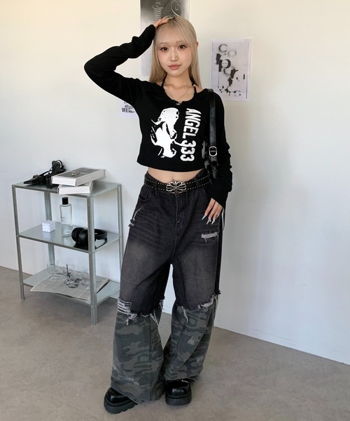 lilful（リルフル）の「【新色ホワイト追加！】2WAY ビーズネックデザインリブプリントロンT（Tシャツ/カットソー・レディース・ブラック/グレー/ホワイト・M/L）」の14枚目の写真