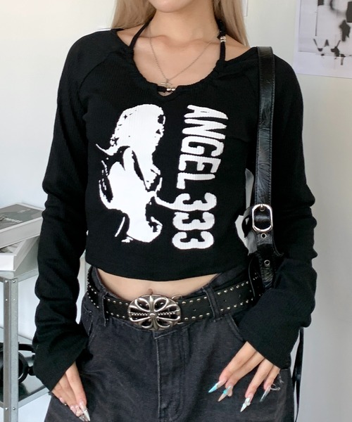 lilful（リルフル）の「【新色ホワイト追加！】2WAY ビーズネックデザインリブプリントロンT（Tシャツ/カットソー・レディース・ブラック/グレー/ホワイト・M/L）」の20枚目の写真