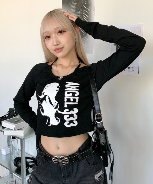 lilful（リルフル）の「【新色ホワイト追加！】2WAY ビーズネックデザインリブプリントロンT（Tシャツ/カットソー・レディース・ブラック/グレー/ホワイト・M/L）」の12枚目の写真