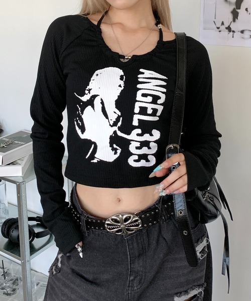 lilful（リルフル）の「【新色ホワイト追加！】2WAY ビーズネックデザインリブプリントロンT（Tシャツ/カットソー・レディース・ブラック/グレー/ホワイト・M/L）」の10枚目の写真