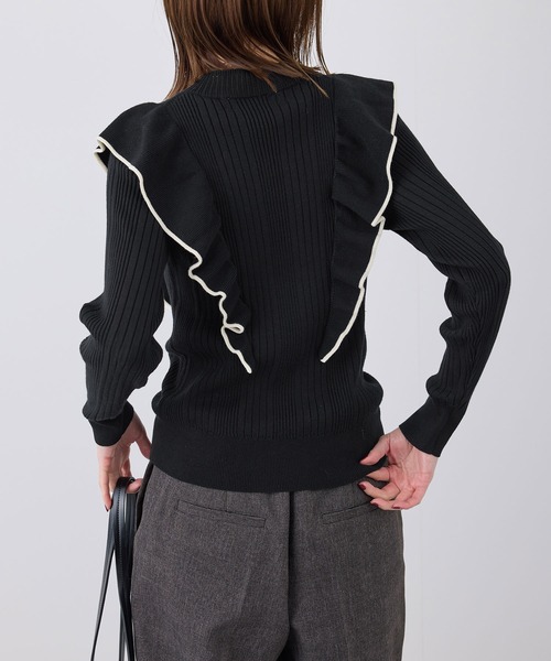 セール】ランダムリブフリルニット配色プルオーバー/洗濯機OK（ニット