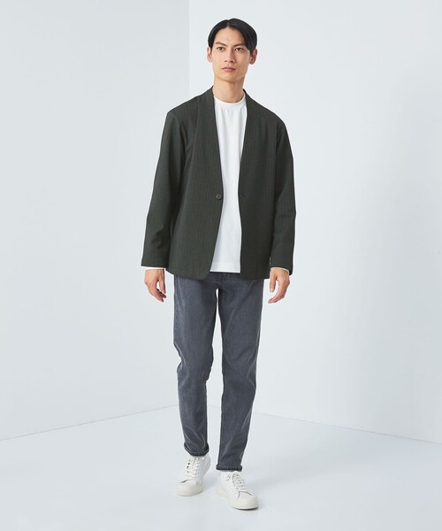 green label relaxing(グリーンレーベルリラクシング)の「A+ ポリエステルツイード 1B ノーカラー ジャケット -ウォッシャブル・ストレッチ・防シワ-(ノーカラージャケット・メンズ・ダークグリーン/ネイビー・S/M/L/XL)」の4枚目の写真