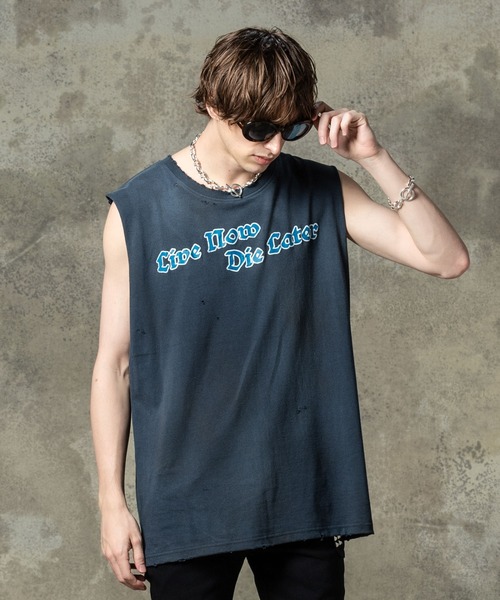 glamb(グラム)の「Grunge Sleeveless T-Shirt / グランジスリーブレスTシャツ(タンクトップ・メンズ・ブラック/ホワイト・S/M/L)」の7枚目の写真