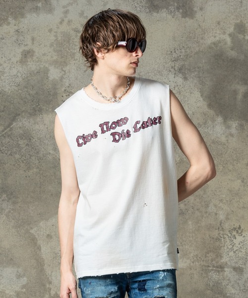 glamb(グラム)の「Grunge Sleeveless T-Shirt / グランジスリーブレスTシャツ(タンクトップ・メンズ・ブラック/ホワイト・S/M/L)」の3枚目の写真