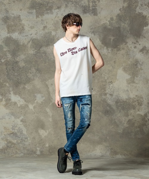 glamb(グラム)の「Grunge Sleeveless T-Shirt / グランジスリーブレスTシャツ(タンクトップ・メンズ・ブラック/ホワイト・S/M/L)」の5枚目の写真