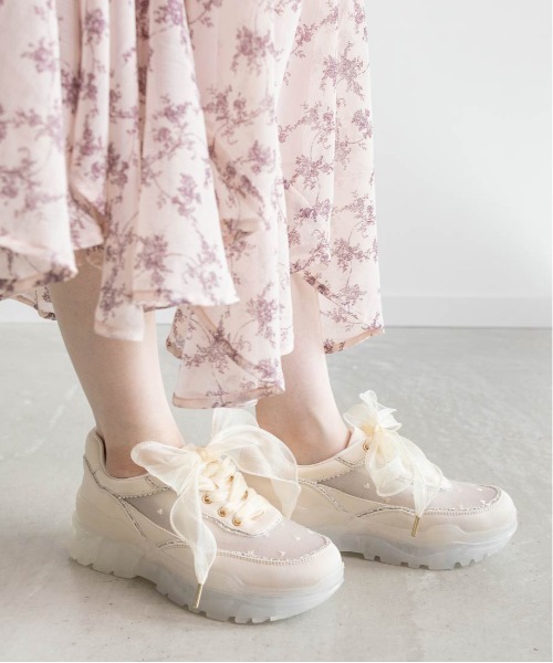 RANDA シフォンリボンハート刺繍 スニーカー アイボリM RANDA｜【HEART COLLECTION】シフォンリボンハート刺繍