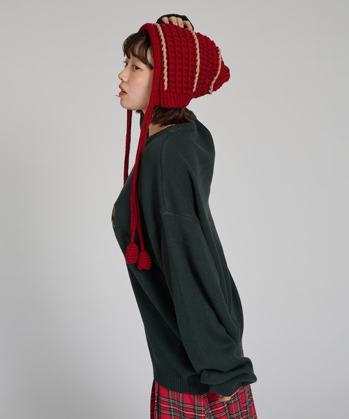 kutir（クティール）の「kutirlune／手編み風タッセルニット帽（ニットキャップ/ビーニー・レディース・レッド/ブラウン/ホワイト・FREE）」の9枚目の写真