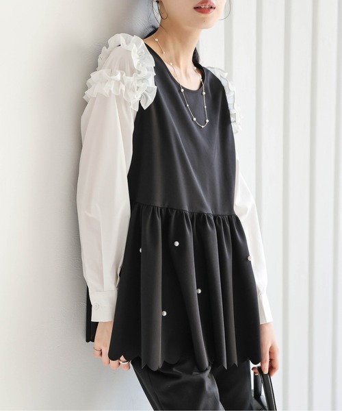 Hue day to evening パール付きペプラムトップス M hue DAY TO EVENING ワンサイドパールブラウス予約 | セレクト