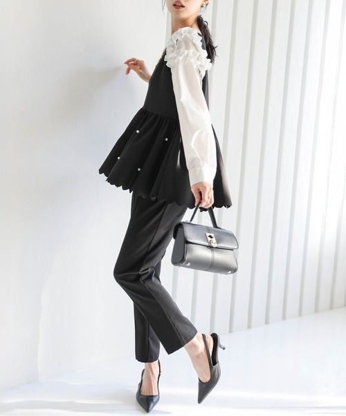 Hue day to evening パール付きペプラムトップス M hue DAY TO EVENING｜《手洗い可》パールペプラムTシャツ
