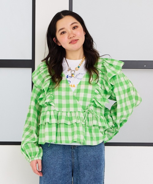 MARKEY'S(マーキーズ)の「ギンガムカシュクールブラウス/おとな(シャツ/ブラウス・レディース・ライトグリーン/ピンク/ブラック/イエロー・160cm)」の3枚目の写真