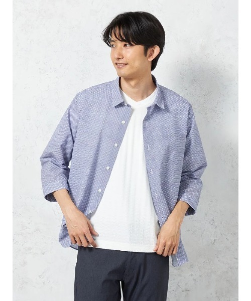 HARUYAMA(ハルヤマ)の「【RUCKEN BACCHAR】7分袖 レギュラーカラー プリントシャツ ミニ小紋柄 カジュアルインナー(シャツ/ブラウス・メンズ・サックスブルー/オフホワイト/ネイビー・L/M/LL)」の1枚目の写真