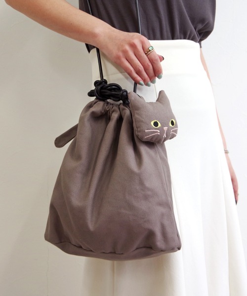 WOVEN(ウーヴン)の「WOVEN (ウーヴン) / キャンバス ねこ 2WAY BAG ショルダーバッグ 猫巾着(ショルダーバッグ・レディース・ブラック/グレー/アイボリー・FREE)」の3枚目の写真