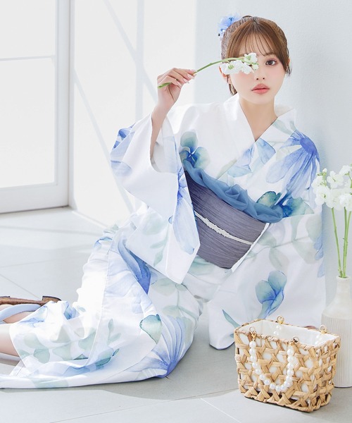 花柄浴衣 水色帯 下駄付き 水色花柄浴衣セット（下駄、着付セット付き)150cm レディース 浴衣3点