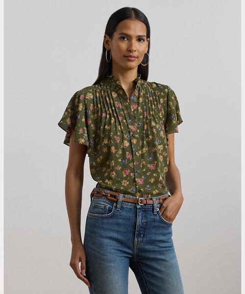 ローレン ラルフ ローレン LAUREN RALPH LAUREN フローラル ジョーゼット パフスリーブ シャツ （400ブルー） リネン ショートスリーブ シャツ | LAUREN RALPH LAUREN (Women