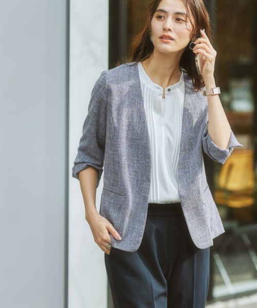 7days Life Styling（セブンデイズライフスタイリング）の「【品番振替】洗える麻調合繊７分袖ストレッチノーカラージャケット（接触冷感・防しわ・ストレッチ・UVカット）（ノーカラージャケット・レディース・ネイビー系/ライトグレー系/ベージュ系・S/M/L/LL/3L）」の3枚目の写真