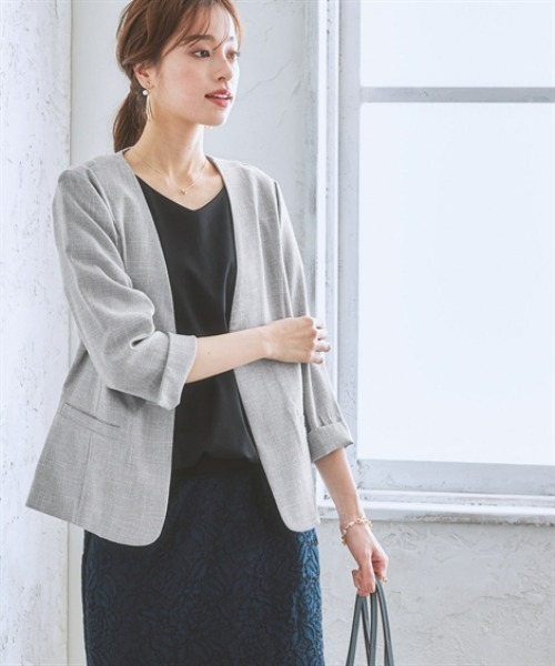 7days Life Styling（セブンデイズライフスタイリング）の「【品番振替】洗える麻調合繊７分袖ストレッチノーカラージャケット（接触冷感・防しわ・ストレッチ・UVカット）（ノーカラージャケット・レディース・ネイビー系/ライトグレー系/ベージュ系・S/M/L/LL/3L）」の9枚目の写真