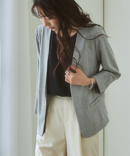7days Life Styling（セブンデイズライフスタイリング）の「【品番振替】洗える麻調合繊７分袖ストレッチノーカラージャケット（接触冷感・防しわ・ストレッチ・UVカット）（ノーカラージャケット・レディース・ネイビー系/ライトグレー系/ベージュ系・S/M/L/LL/3L）」の11枚目の写真