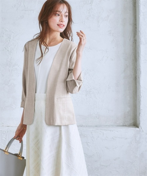 7days Life Styling（セブンデイズライフスタイリング）の「【品番振替】洗える麻調合繊７分袖ストレッチノーカラージャケット（接触冷感・防しわ・ストレッチ・UVカット）（ノーカラージャケット・レディース・ネイビー系/ライトグレー系/ベージュ系・S/M/L/LL/3L）」の12枚目の写真
