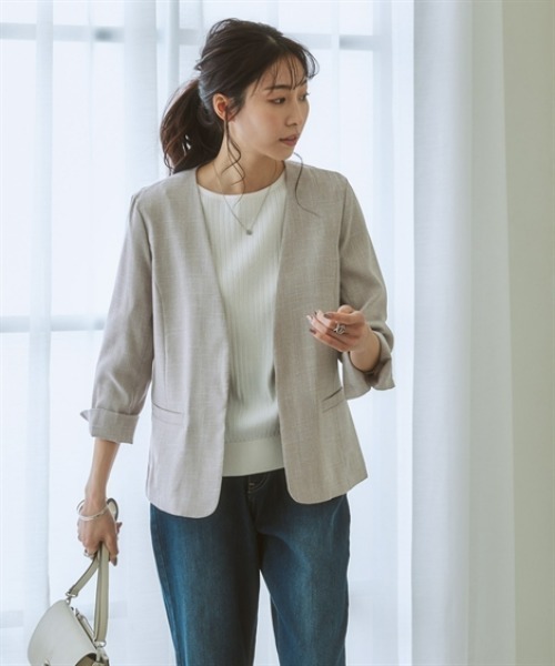 7days Life Styling（セブンデイズライフスタイリング）の「【品番振替】洗える麻調合繊７分袖ストレッチノーカラージャケット（接触冷感・防しわ・ストレッチ・UVカット）（ノーカラージャケット・レディース・ネイビー系/ライトグレー系/ベージュ系・S/M/L/LL/3L）」の15枚目の写真
