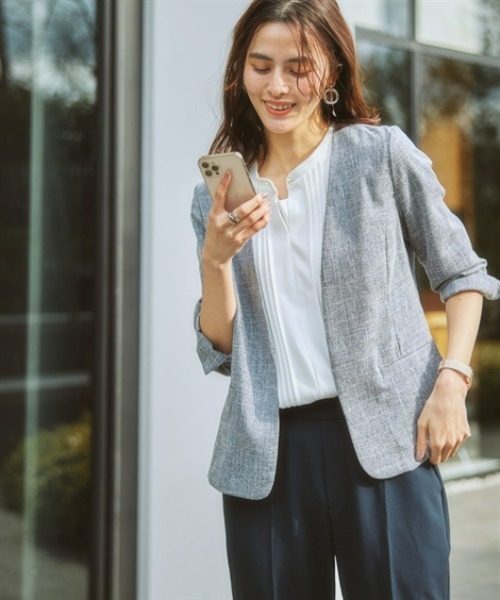 7days Life Styling（セブンデイズライフスタイリング）の「【品番振替】洗える麻調合繊７分袖ストレッチノーカラージャケット（接触冷感・防しわ・ストレッチ・UVカット）（ノーカラージャケット・レディース・ネイビー系/ライトグレー系/ベージュ系・S/M/L/LL/3L）」の17枚目の写真