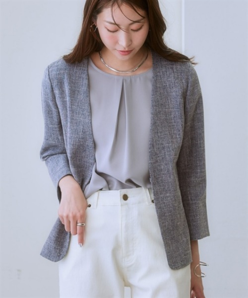 7days Life Styling（セブンデイズライフスタイリング）の「【品番振替】洗える麻調合繊７分袖ストレッチノーカラージャケット（接触冷感・防しわ・ストレッチ・UVカット）（ノーカラージャケット・レディース・ネイビー系/ライトグレー系/ベージュ系・S/M/L/LL/3L）」の21枚目の写真