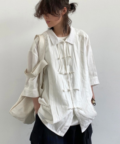 FreeZone（フリーゾーン）の「7分袖 チャイナボタン中華風シャツ（シャツ/ブラウス・メンズ・ブラック/ホワイト・F）」の4枚目の写真