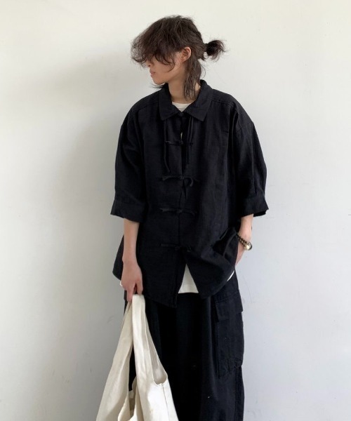 FreeZone（フリーゾーン）の「7分袖 チャイナボタン中華風シャツ（シャツ/ブラウス・メンズ・ブラック/ホワイト・F）」の3枚目の写真