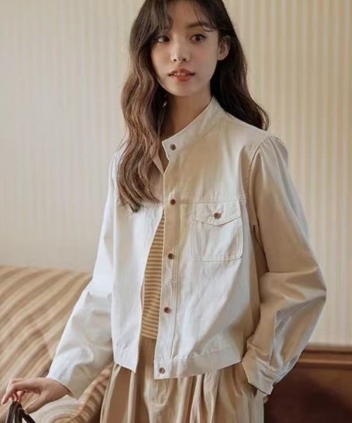 BLANC basque ノーカラージャケット クリーム色 whyto ホワイト リネン ライク ノーカラー ジャケット “LINEN