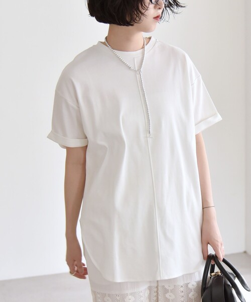 quaranciel:〈接触冷感/汗染み防止/洗濯機可能〉スリット ルーズ チュニック TEE quaranciel:〈接触冷感/汗染み防止/洗濯機可能〉スリット ルーズ