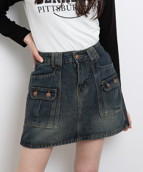 pumpkin port（パンプキンポート）の「デニム カーゴ インパン付ミニスカート（デニムスカート・レディース・ブラック/ネイビー・L/M/S）」の2枚目の写真