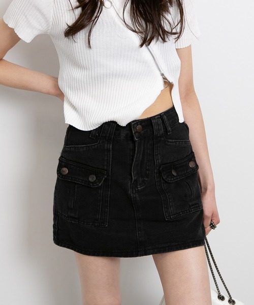 pumpkin port（パンプキンポート）の「デニム カーゴ インパン付ミニスカート（デニムスカート・レディース・ブラック/ネイビー・L/M/S）」の3枚目の写真