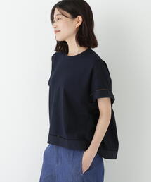 HumanWOMANベージュとネイビーの半袖トップス ウォッシャブル】ペーパーヤーンセーラーカラートップス | human