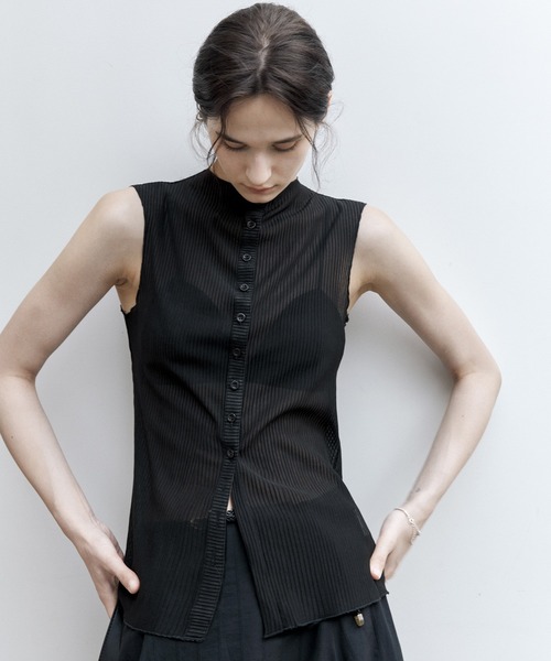 FEKETE ノースリーブニット ストライプ tageechita】開襟ストライプノースリーブニットシャツ(シャツ
