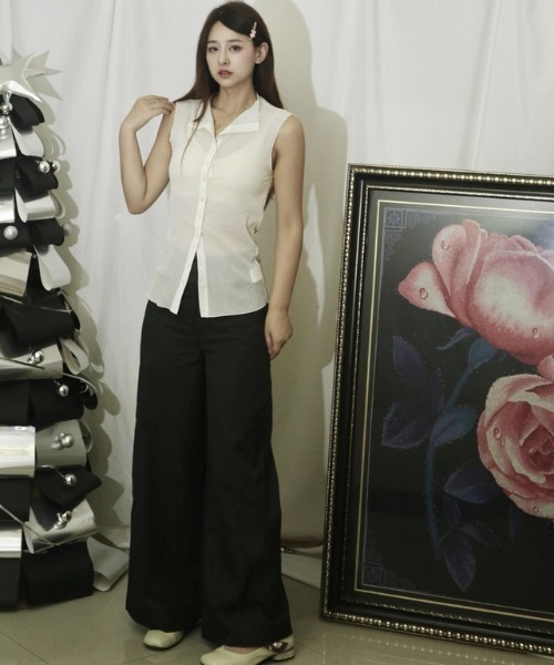 tageechita（タジチタ）の「【tageechita】リヨセル混 シアーストライプ ノースリーブカーディガン（シャツ/ブラウス・レディース・ブラック/ホワイト・S/M/L）」の19枚目の写真