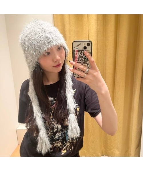 Ray BEAMS(レイビームス)の「ボンネット ミックス フード(ニットキャップ/ビーニー・レディース・イエロー/グレー・ONE SIZE)」の4枚目の写真