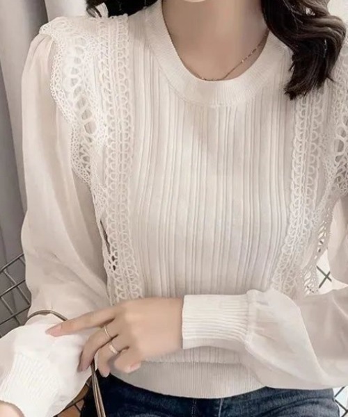 cammie（キャミー）の「レース切り替え袖シフォントップス（シャツ/ブラウス・レディース・オフホワイト/ブラック・LARGE/MEDIUM）」の4枚目の写真