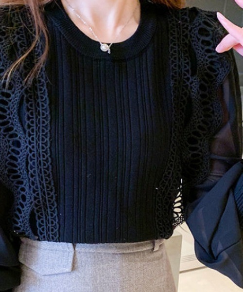 cammie（キャミー）の「レース切り替え袖シフォントップス（シャツ/ブラウス・レディース・オフホワイト/ブラック・LARGE/MEDIUM）」の8枚目の写真
