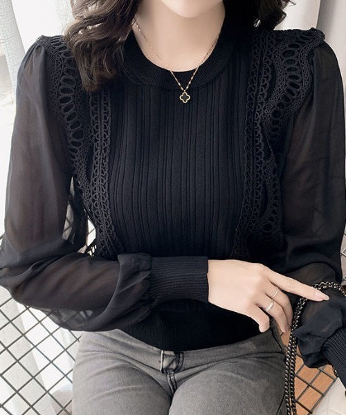 cammie（キャミー）の「レース切り替え袖シフォントップス（シャツ/ブラウス・レディース・オフホワイト/ブラック・LARGE/MEDIUM）」の10枚目の写真