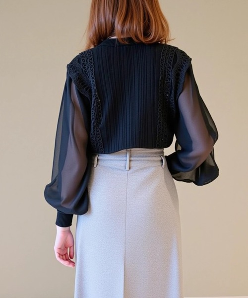 cammie（キャミー）の「レース切り替え袖シフォントップス（シャツ/ブラウス・レディース・オフホワイト/ブラック・LARGE/MEDIUM）」の9枚目の写真