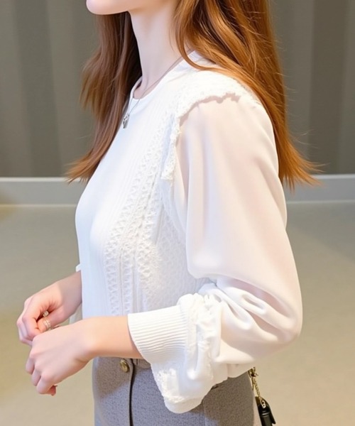 cammie（キャミー）の「レース切り替え袖シフォントップス（シャツ/ブラウス・レディース・オフホワイト/ブラック・LARGE/MEDIUM）」の3枚目の写真