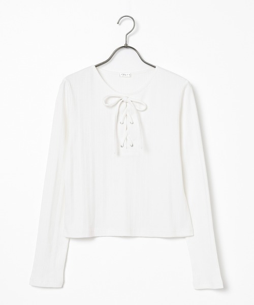 Honeys(ハニーズ)の「レースアップトップス(Tシャツ/カットソー・レディース・アイボリー/ブラック/杢グレー/ライトグリーン・L/M/S)」の17枚目の写真